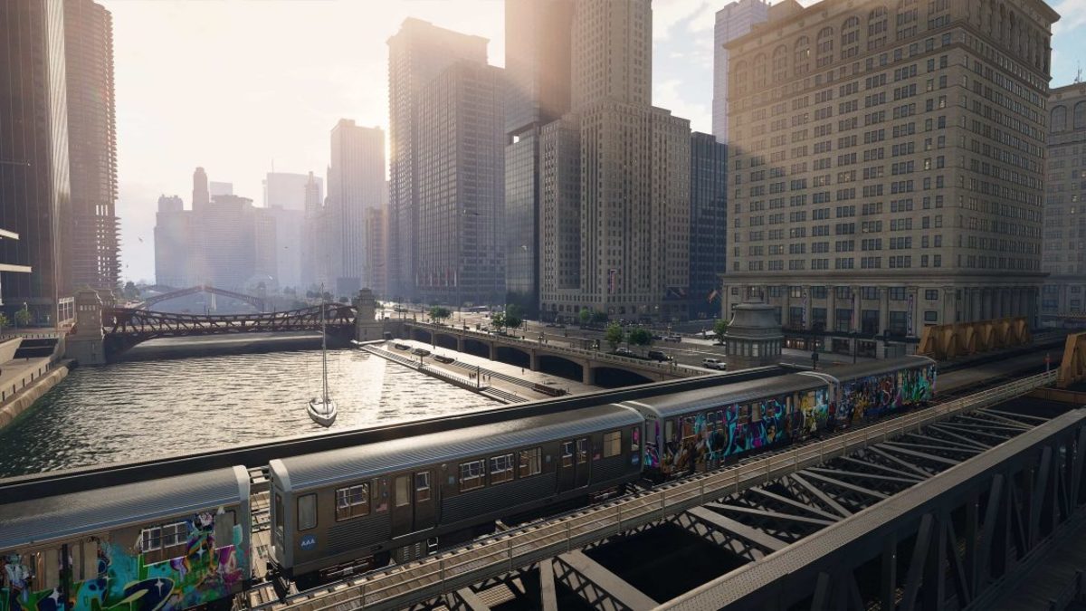 Need for Speed Unbound metro going over a river in a highrise area